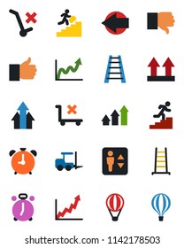 Color and black flat icon set - elevator vector, alarm clock, left arrow, fork loader, ladder, up side sign, no trolley, finger, down, career, graph, growth, air balloon