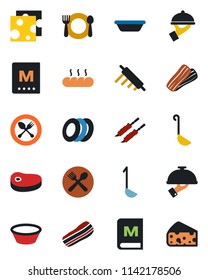 Color and black flat icon set - spoon and fork vector, cafe, menu, plates, bacon, waiter, bread, steak, kebab, ladle, bowl, rolling pin, cheese