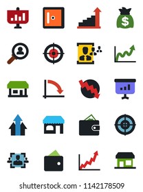 Color and black flat icon set - shop vector, checkroom, growth statistic, money bag, crisis graph, store, hr, target, consumer search, arrow up, wallet, presentation, storefront