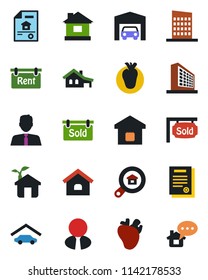 Color and black flat icon set - office building vector, house, real heart, contract, with garage, estate document, rent, sold signboard, search, agent, smart home, city, eco, message