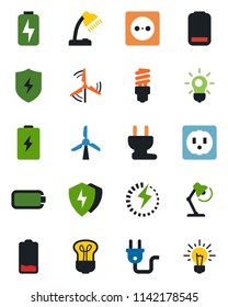 Color and black flat icon set - low battery vector, protect, charge, desk lamp, windmill, socket, power plug, bulb, energy saving, idea