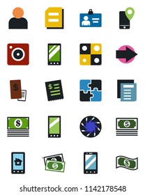 Color and black flat icon set - right arrow vector, mobile phone, identity card, document, cash, tracking, camera, user, application, restaurant receipt, home control app