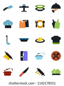 Color and black flat icon set - fridge vector, restaurant table, serviette, cafe, cook hat, plates, waiter, ladle, bowl, rolling pin, cutting board, knife, steaming pan