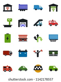 Color and black flat icon set - dispatcher vector, taxi, ladder car, ambulance, route, railroad, truck trailer, delivery, heavy scales, garage, gate control, battery