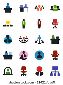 Color and black flat icon set - reception vector, manager, office chair, place, client, user, company, desk, hierarchy, estate agent, group