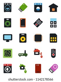 Color and black flat icon set - calculator vector, monitor, speaker, phone back, sim, washer, smart home, control, chip, remote, router, usb flash