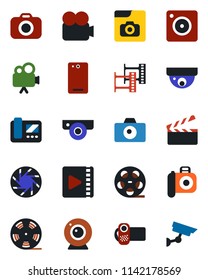Color and black flat icon set - camera vector, clapboard, film frame, reel, video, phone back, mobile, photo gallery, web, intercome, surveillance