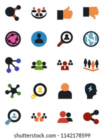 Color and black flat icon set - team vector, brainstorm, network, share, group, finger up, down, user, company, client search, consumer, social media