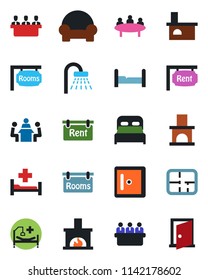 Color and black flat icon set - shower vector, checkroom, meeting, fireplace, hospital bed, plan, rent, rooms, bedroom, cushioned furniture, door