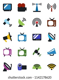 Color and black flat icon set - antenna vector, satellite, loudspeaker, tv, video camera, wireless