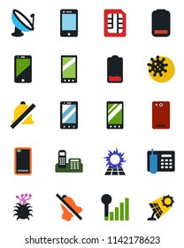 Color and black flat icon set - mobile phone vector, virus, satellite antenna, cell, low battery, back, sim, mute, cellular signal, office, sun panel