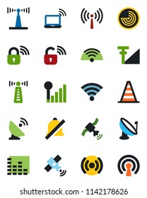 Color and black flat icon set - antenna vector, wireless notebook, border cone, radar, satellite, equalizer, mute, cellular signal, lock