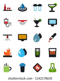 Color and black flat icon set - hot cup vector, water drop, dropper, flammable, monitor, alcohol, drink, cocktail, filter, sprinkler, flask