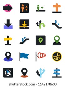 Color and black flat icon set - elevator vector, escalator, right arrow, wind, radar, route, signpost, pin, download, place tag, compass, flag, guidepost