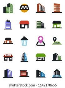 Color and black flat icon set - taxi vector, office building, garden light, navigation, store, city house, cafe, storefront