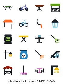 Color and black flat icon set - cafe vector, ladder car, rake, sickle, garden light, picnic table, fertilizer, bike, restaurant, alcove, outdoor lamp