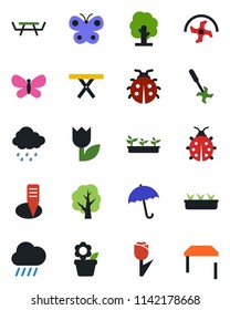 Color and black flat icon set - umbrella vector, flower in pot, ripper, tree, butterfly, lady bug, seedling, rain, plant label, picnic table, tulip