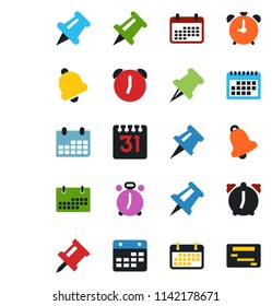 Color and black flat icon set - alarm clock vector, drawing pin, calendar, term, paper, bell, schedule