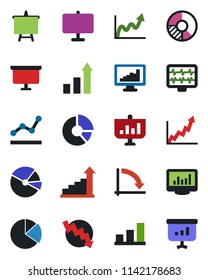 Color and black flat icon set - growth statistic vector, presentation board, crisis graph, circle chart, monitor pulse, statistics, bar, pie, point