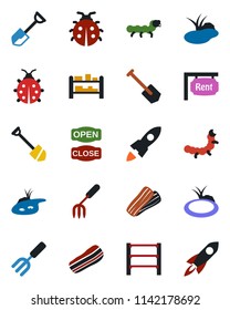 Color and black flat icon set - job vector, garden fork, shovel, lady bug, caterpillar, pond, rack, rent, bacon, open close, rocket