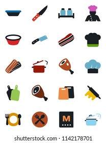 Color and black flat icon set - cook vector, cafe, hat, menu, bacon, salt and pepper, ham, bowl, rolling pin, cutting board, knife, steaming pan