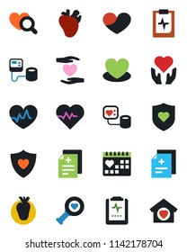 Color and black flat icon set - heart vector, pulse, diagnosis, blood pressure, diagnostic, shield, hand, real, medical calendar, clipboard, sweet home