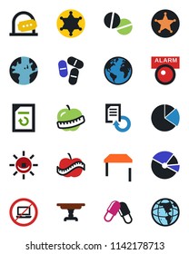 Color and black flat icon set - no laptop vector, ticket office, document reload, pills, diet, earth, pie graph, table, police, alarm led