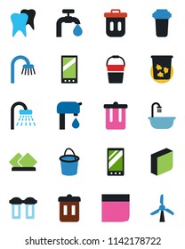 Color and black flat icon set - trash bin vector, shower, bucket, tooth, mobile, blank box, water supply, bathroom, serviette, filter, windmill