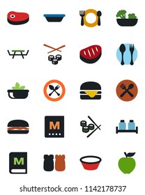 Color and black flat icon set - spoon and fork vector, picnic table, cafe, menu, salad, salt pepper, steak, hamburger, bowl, sushi, apple fruit