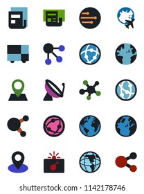 Color and black flat icon set - satellite antenna vector, bomb in case, plane globe, earth, pin, consolidated cargo, network, share, news, social media