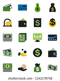 Color and black flat icon set - credit card vector, ticket office, dollar sign, money bag, statistic monitor, cash, receipt, wallet, investment