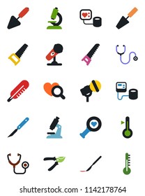 Color and black flat icon set - trowel vector, pruner, saw, stethoscope, blood pressure, thermometer, heart diagnostic, microscope, scalpel, microphone
