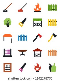 Color and black flat icon set - fence vector, tree, saw, fire, hoe, axe, abacus, table, alcove, cutting board