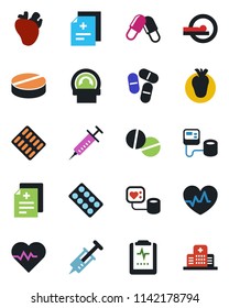 Color and black flat icon set - heart pulse vector, diagnosis, syringe, blood pressure, pills, blister, tomography, real, clipboard, hospital