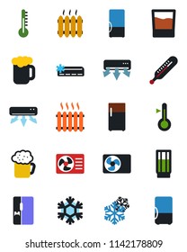Color and black flat icon set - thermometer vector, heater, air conditioner, fridge, drink, beer, snowflake