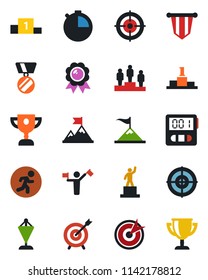 Color and black flat icon set - dispatcher vector, pedestal, pennant, medal, run, stopwatch, target, motivation, award cup