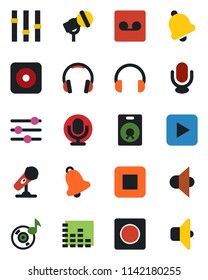 Color and black flat icon set - microphone vector, speaker, settings, equalizer, headphones, play button, stop, rec, tuning, bell, record, music, sound
