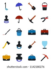 Color and black flat icon set - umbrella vector, stamp, job, shovel, bucket, pruner, axe, scalpel, fragile, case, ladle, hard work