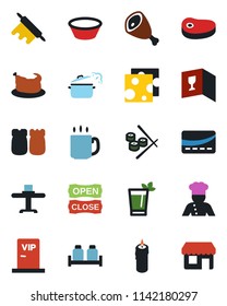 Color and black flat icon set - coffee vector, cook, restaurant table, wine card, phyto bar, salt and pepper, candle, vip zone, open close, credit, chicken, steak, ham, bowl, rolling pin, sushi