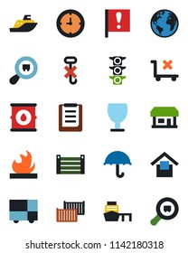 Color and black flat icon set - earth vector, important flag, store, traffic light, sea shipping, cargo container, clock, port, consolidated, clipboard, fragile, umbrella, warehouse storage, hook