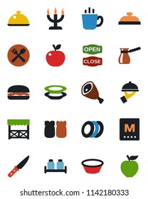 Color and black flat icon set - dish vector, cafe, menu, reception, coffee, plates, waiter, salt and pepper, candle, open close, alcove, ham, hamburger, bowl, knife, turkish, apple fruit