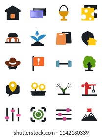 Color and black flat icon set - tree vector, barbell, important flag, mobile tracking, cargo container, tuning, eye id, smart home, flower in pot, crane, egg stand, cafe building, dress code, cheese