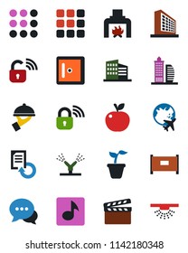 Color and black flat icon set - fence vector, plane globe, checkroom, office building, document reload, seedling, clapboard, dialog, menu, music, fireplace, waiter, apple fruit, wireless lock