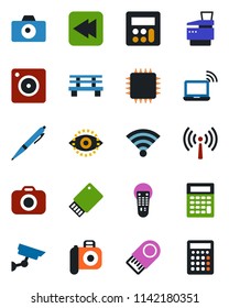 Color and black flat icon set - antenna vector, wireless notebook, camera, bench, remote control, rewind, mobile, calculator, eye id, copier, pen, chip, usb flash, surveillance