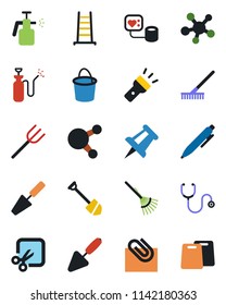 Color and black flat icon set - pen vector, drawing pin, job, trowel, farm fork, rake, ladder, bucket, garden sprayer, stethoscope, blood pressure, share, torch, cut, paper clip, cutting board