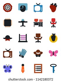 Color and black flat icon set - mouse vector, desk, tie, stamp, glove, butterfly, real heart, tv, abacus, office chair, restaurant table, dress code, chip