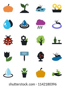 Color and black flat icon set - storm cloud vector, flower in pot, tree, sproute, lady bug, water drop, plant label, pumpkin, pond, tulip, fruit, alcohol, palm