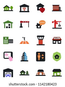 Color and black flat icon set - airport tower vector, barrier, elevator, hospital, store, warehouse, office building, house with tree, garage, sweet home, crane, estate insurance, cafe, control app