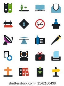 Color and black flat icon set - runway vector, satellite antenna, escalator, no smoking, signpost, bomb in case, reception, book, pen, document reload, office phone, mail, face id, paper binder