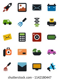 Color and black flat icon set - mail vector, garden fork, traffic light, camera, monitor, mobile, gallery, battery, calculator, printer, salad, rocket, car, advertising